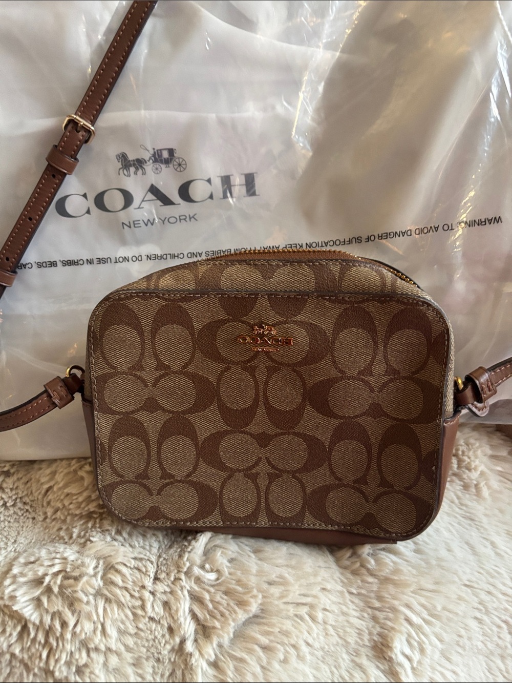 Coach Brown Signature Canvas Small Crossbody with Leather Trim - Picture 1 of 4